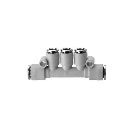 Camozzi #7545 6-4, Reducing Multi Tee Manifold Fitting, 4MM Inline Ports #3, , 6MM Inlets #2,  7545 6-4